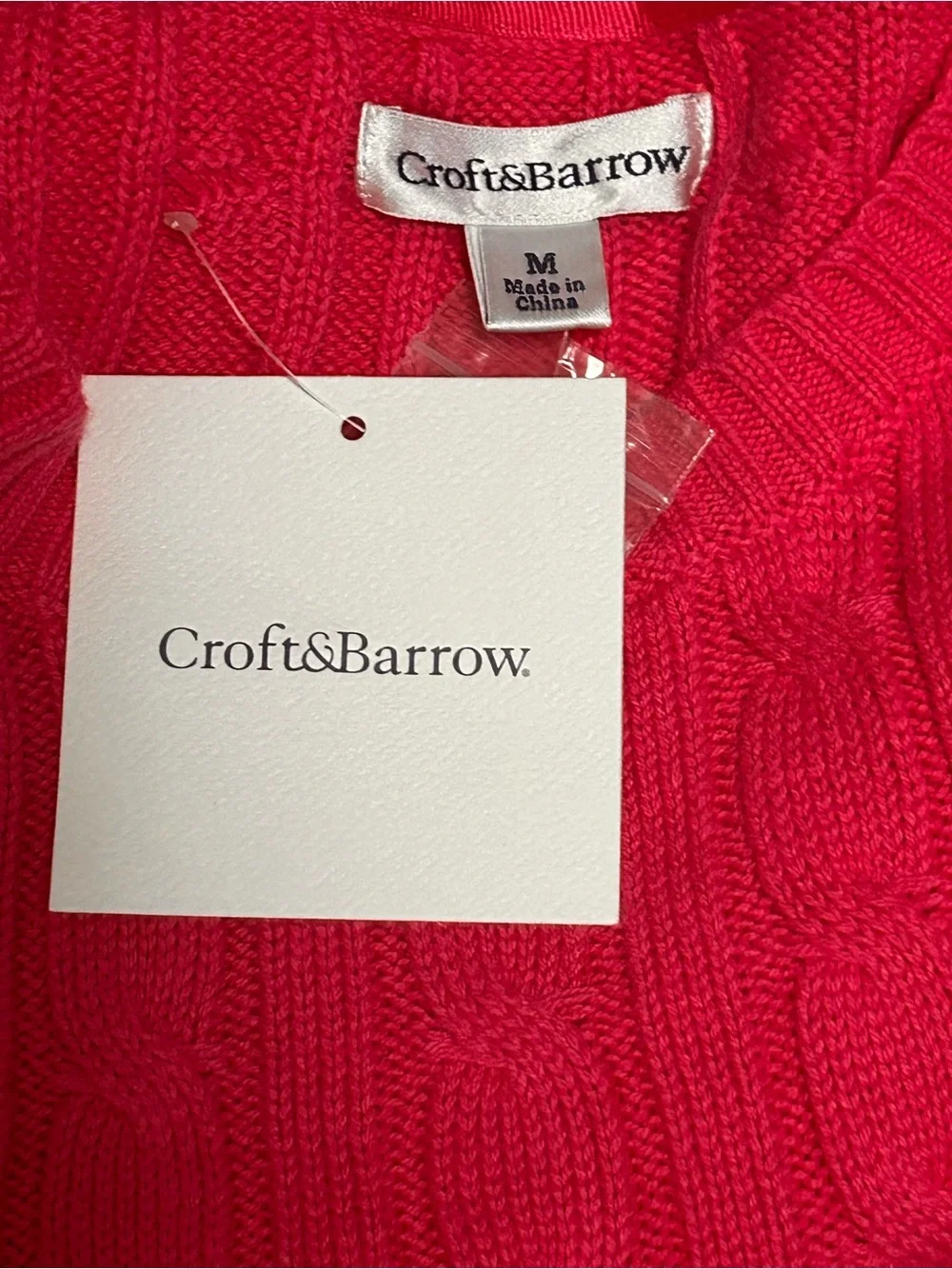 NWT Croft & Barrow Bright Pink Cable Crewneck Sweater Button Detail Preppy M